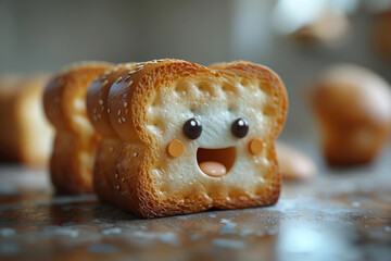 cartoon bread character, isolated against a soothing blue background. smile and warm presence, this cute bread illustration adds a touch of whimsy to any design. Perfect for a sense of comfort and joy