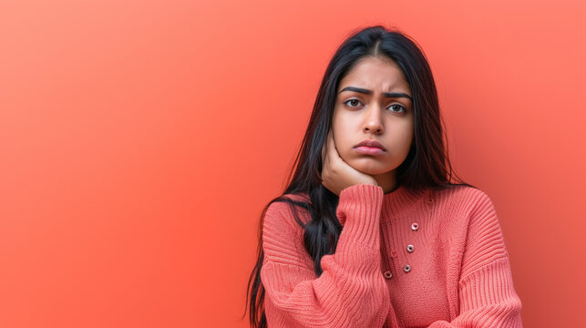 Regretful Reflections: South Asian Young Adult Female Expressing Remorse - Isolated on Solid Background with Copy Space