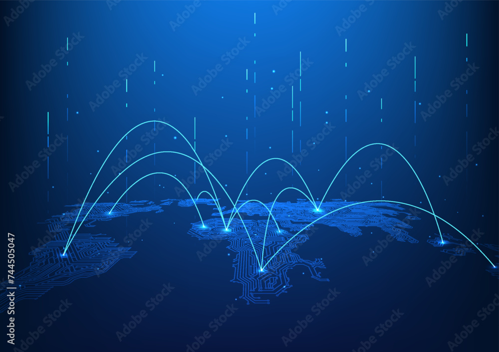 Poster world map technology background high-speed internet network connection covering the entire world it 