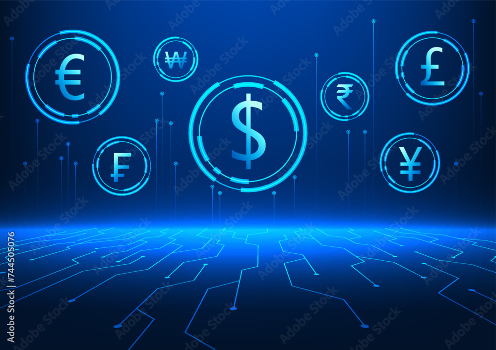 Poster various foreign currency technology background with technology cycle it represents a new era of fina