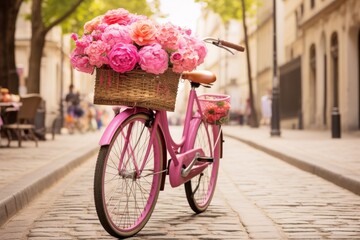 Retro bicycle with basket overflowing with beautiful blooming flowers in vintage style setting