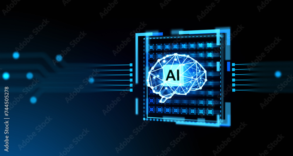 Poster digital ai brain hologram with connection lines, machine learning