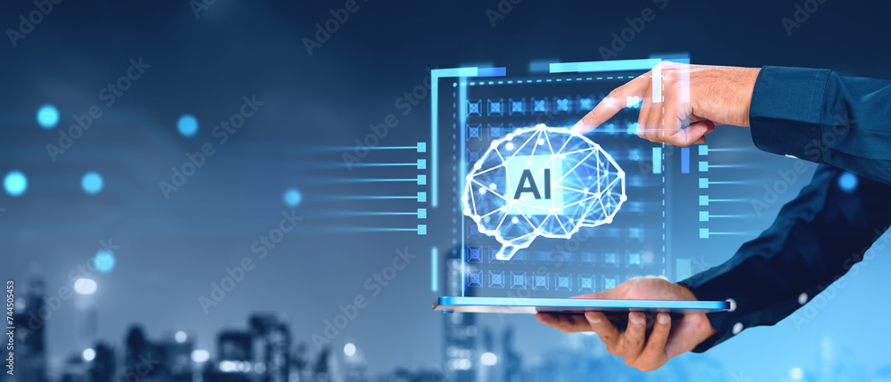Poster man hands with tablet and ai brain interface in city