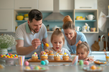 Obraz na płótnie Canvas Family, cheerful parents join their children in dyeing Easter eggs and decorating festive cupcakes and cakes.