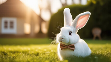 Healthy Lovely fluffy rabbit at nature. Adorable baby bunny in a bow tie in sun Cinematic Lighting