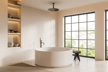 Beige hotel bathroom interior with tub, decoration and panoramic window