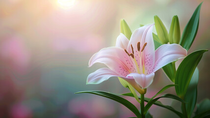 Fototapeta premium A single lily basks in the soft glow of dawn, its delicate petals adorned with dew and set against a dreamy, pastel-colored backdrop.