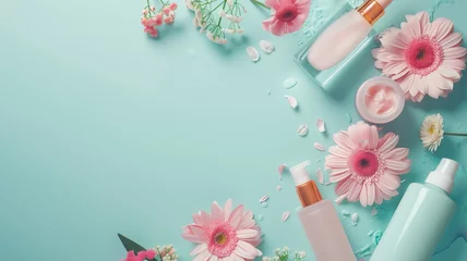 Foto op Plexiglas A refreshing skincare layout with bottles of cosmetic products amidst vibrant gerbera flowers, conveying a sense of natural beauty and skincare rejuvenation. © praewpailyn