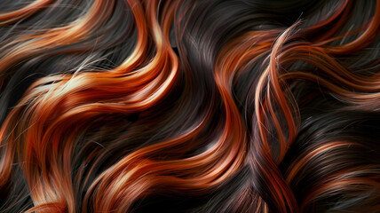 An abstract texture of swirling auburn and dark hair strands, creating a mesmerizing pattern of natural colors and fluid movement. - obrazy, fototapety, plakaty