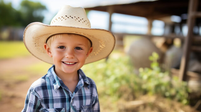 Cute little boy in cowboy hat on the background of a farm. Life on the farm, southern boy