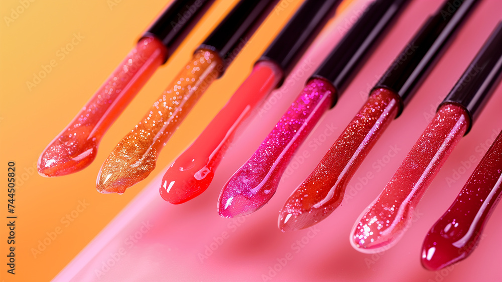 Poster an array of glossy lipstick applicators with sparkling, vivid colors dripping against a gradient bac