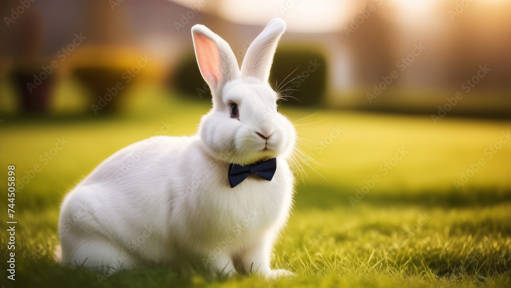 Wall mural Healthy Lovely fluffy rabbit at nature. Adorable baby bunny in a bow tie in sun Cinematic Lighting