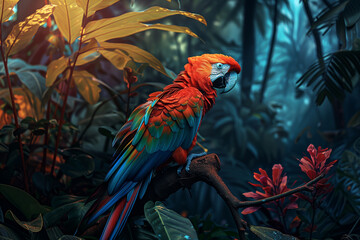 A majestic scarlet macaw perches amidst the lush foliage of a tropical forest, its vibrant plumage a stark contrast to the moody blues and greens of the surrounding flora. - obrazy, fototapety, plakaty