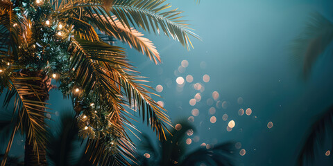 Tropical Christmas garland Lights on Palm Trees. Festive holiday lights adorning palm trees, blending tropical vibes with Christmas cheer, copy space.