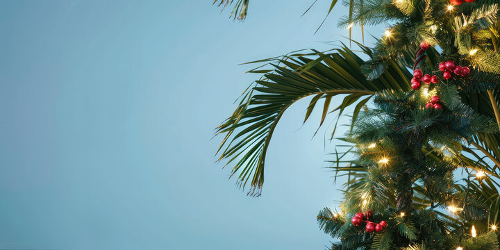 Tropical Christmas garland Lights on Palm Trees. Festive holiday lights adorning palm trees, blending tropical vibes with Christmas cheer, copy space.