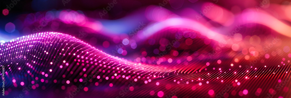 Poster a digital wave of dots and lines, illustrating the dynamic flow of data and technology in a vibrant 