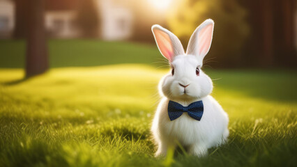 Healthy Lovely fluffy rabbit at nature. Adorable baby bunny in a bow tie in sun Cinematic Lighting