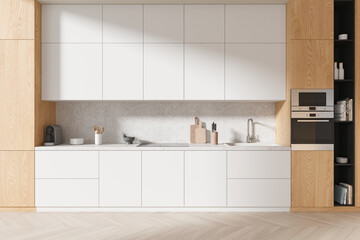 White and wooden kitchen interior with cabinets