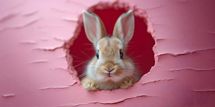 Rabbit peeking through a hole in pink cracked wall. Digital art with copy space. Springtime and Easter concept for design, Bunny peeking out of a hole in pink wall, fluffy eared bunny easter banner
