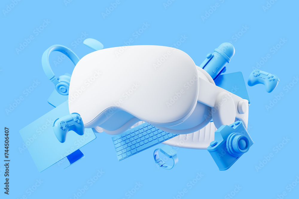 Poster vr headset with game and work objects
