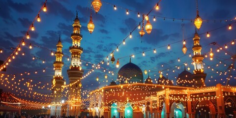 mosque at night with peopl pray Eid al Fitr - obrazy, fototapety, plakaty