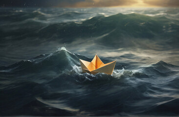 Small paper boat in stormy sea waves - 744506435