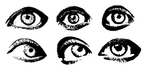 Eyes in pixel grunge photocopy glitch effect. Punk y2k anti-design style design elements for banner, music poster, pop art collage. Vector Illustration