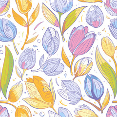 Floral pattern in pastel colors, styled tulips, spring flowers on white background, vector illustration