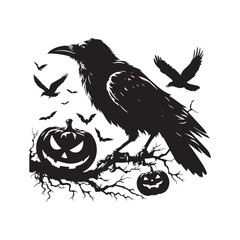 Naklejka premium Dynamic Halloween Crow Silhouette Ensemble - Crafting a Menacing Tale with Halloween Crow Illustration and Halloween Crow Vector - Halloween Silhouette 