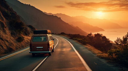 Vintage van traveling at sunset on coastal road near the sea, nostalgic travel adventure scene