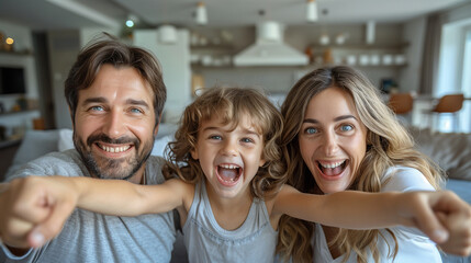 Real estate and mortgage concept : Family with child having fun in new home. Joyful first-time buyers in living room. Real estate, residential mortgage, moving into dream house.