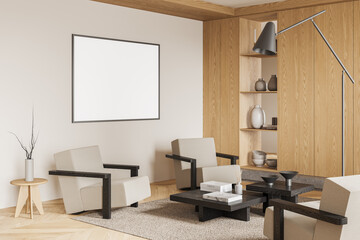 Modern living room interior with armchairs and coffee table. Mockup frame