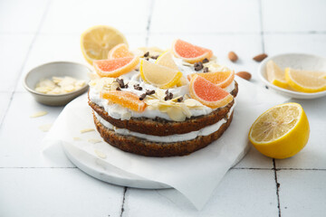 Homemade chocolate cake with citrus cream