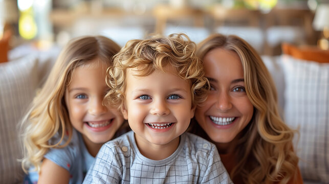 Real estate and mortgage concept : Family with child having fun in new home. Joyful first-time buyers in living room. Real estate, residential mortgage, moving into dream house.