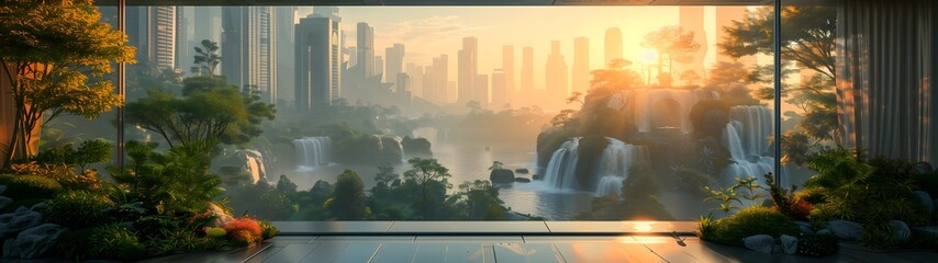Sunrise in Utopian Fusion of Nature and Technology widescreen wallpaper