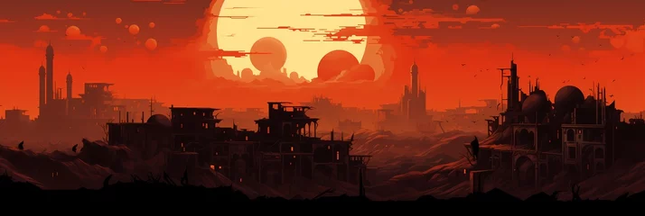 Foto op Canvas Red Planet Fantasy Landscape Futuristic Post-apocalyptic Background image HQ Print 15232x5120 pixels. Neo Game Art V7 3 © Neo Game Art
