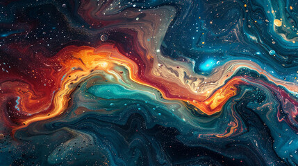 Stylized cat tail creating abstract patterns on a canvas of swirling galaxies. - obrazy, fototapety, plakaty