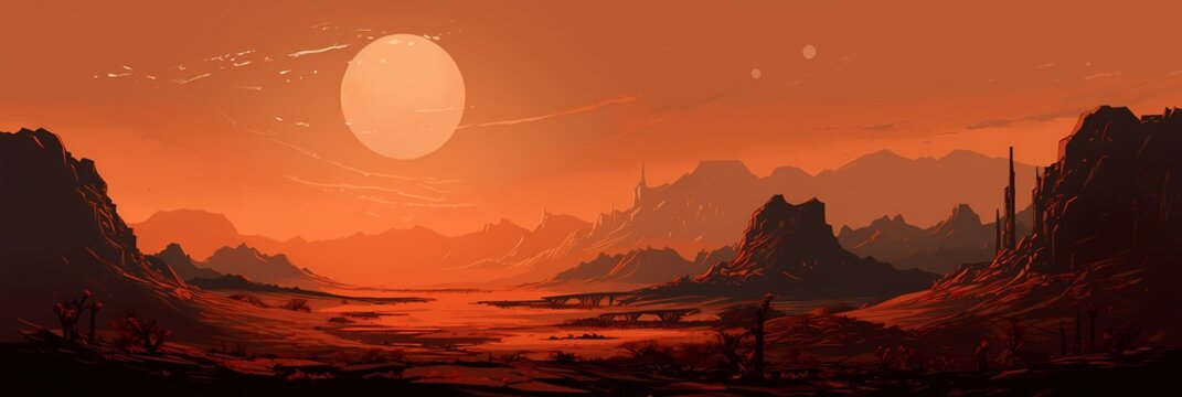 Red Planet Fantasy Landscape Futuristic Post-apocalyptic Background image HQ Print 15232x5120 pixels. Neo Game Art V7 2