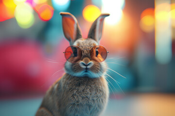Fototapeta premium rabbit wearing sunglasses. Studio pet portrait with blue and orange gradient background
