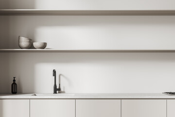 Fototapeta na wymiar White kitchen interior with cabinets and sink