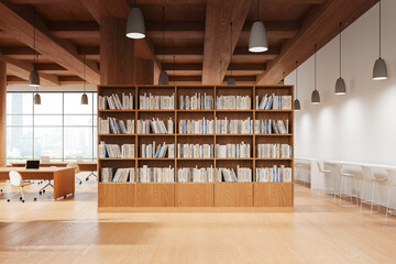 Modern office interior with workspace and chairs in row, shelf and window