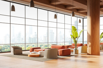 Wooden office lounge zone interior with armchairs in row near panoramic window