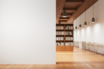 Stylish library interior with bookshelf, reading space with desk. Mock up wall