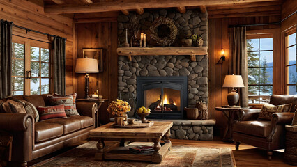 Cozy cabin: Wood paneling, fireplace, and rustic furnishings, offering warmth and tranquility in a rustic retreat,Generative AI