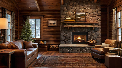 Cozy cabin: Wood paneling, fireplace, and rustic furnishings, offering warmth and tranquility in a rustic retreat,Generative AI