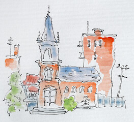 House sketch created with liner and watercolors. Color illustration on watercolor paper