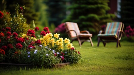 Serene backyard garden with green grass, blooming flowers, cozy patio lounge chairs