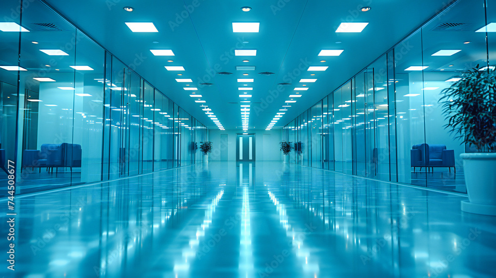 Poster a corridor of possibilities, where modern architecture and light create a pathway to the future, emb