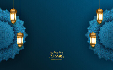 luxury blue mandala islamic ramadan eid background banner with lantern 