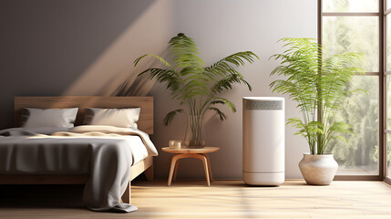 White modern design air purifier, dehumidifier in beige brown wall bedroom, gray cover sheet bed, tropical palm tree in sunlight on wood parquet floor
